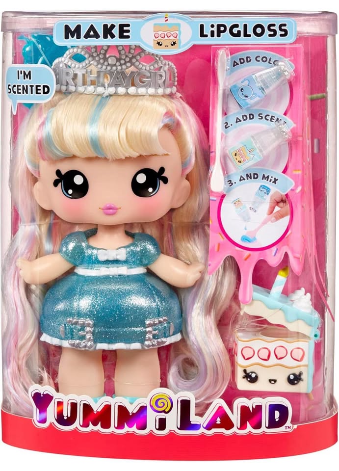 Yummiland Large Doll + Lipgloss Pet- Callie Birthday Cake, Age 4+