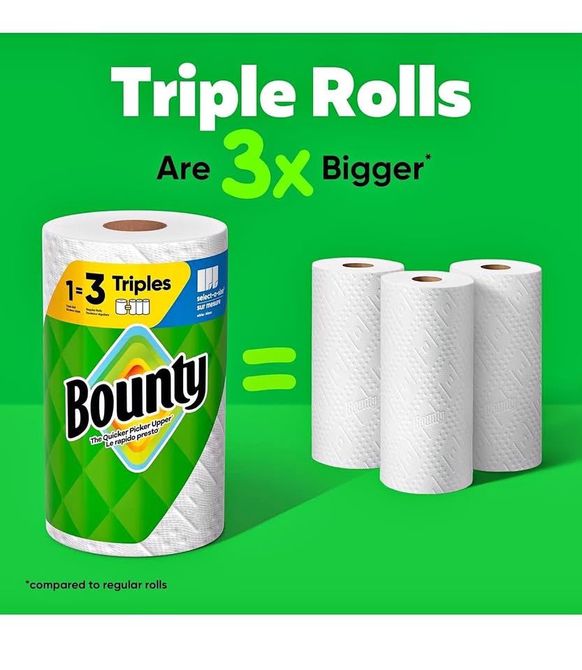 Bounty Select-A-Size Paper Towels, White, 2 Triple Rolls = 6 Regular Rolls