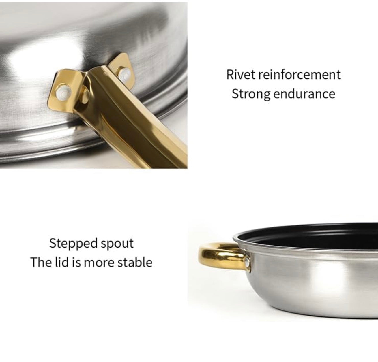 Stainless steel pot with gold handle and rivet reinforcement, showing stepped spout and strong endurance.